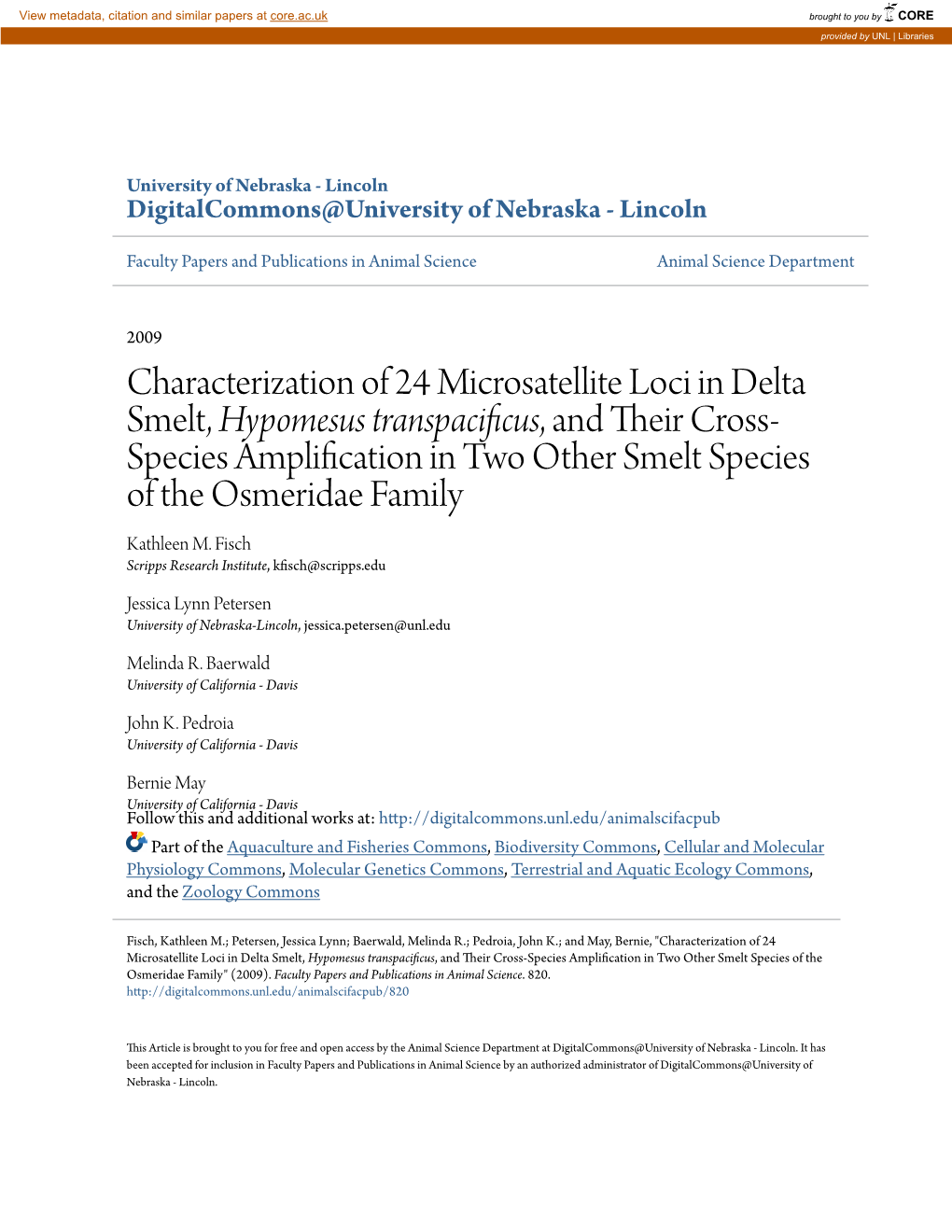 Characterization of 24 Microsatellite Loci in Delta Smelt