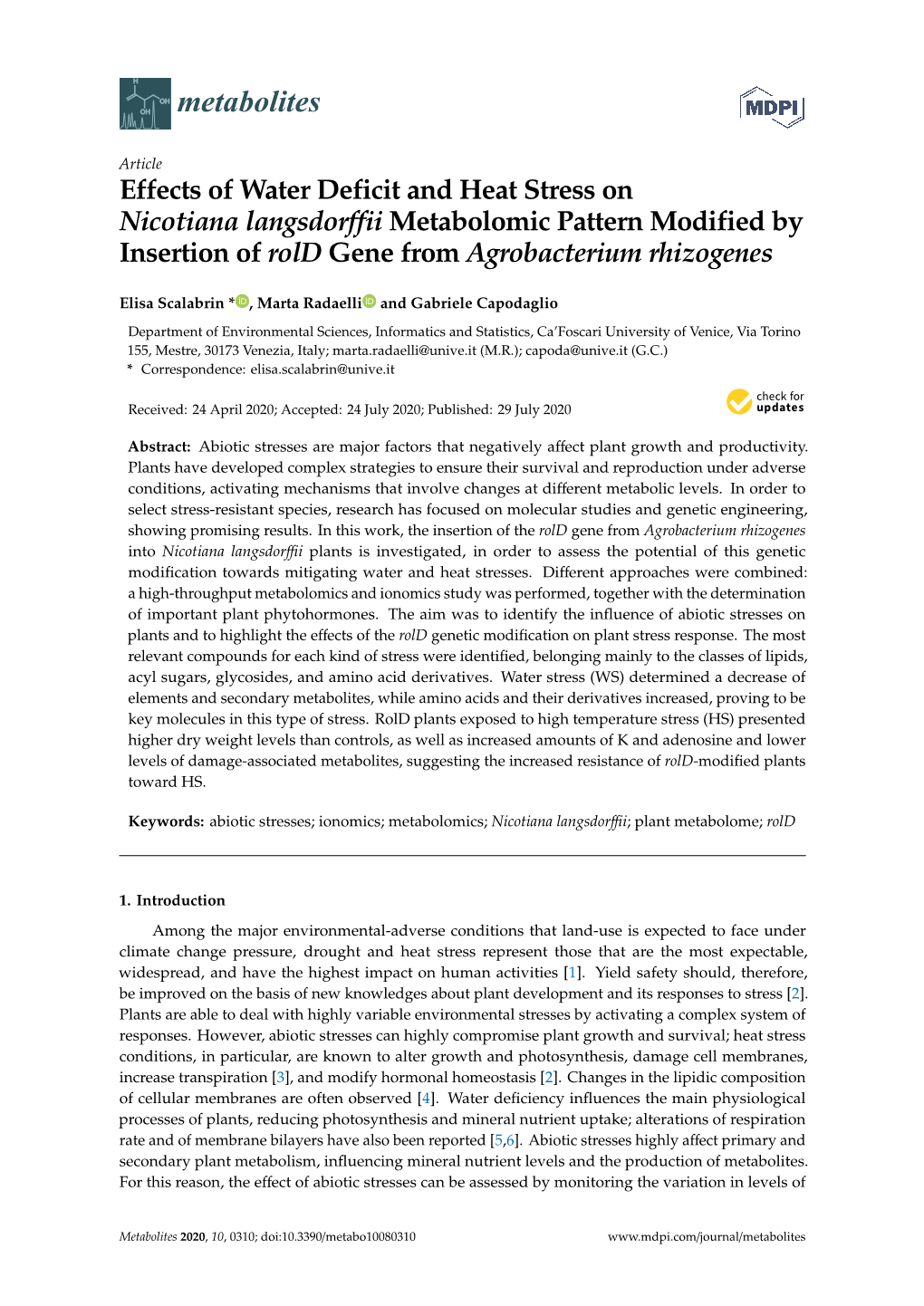 Effects of Water Deficit and Heat Stress on Nicotiana Langsdorffii Metabolomic Pattern Modified by Insertion of Rold Gene from Agrobacterium Rhizogenes