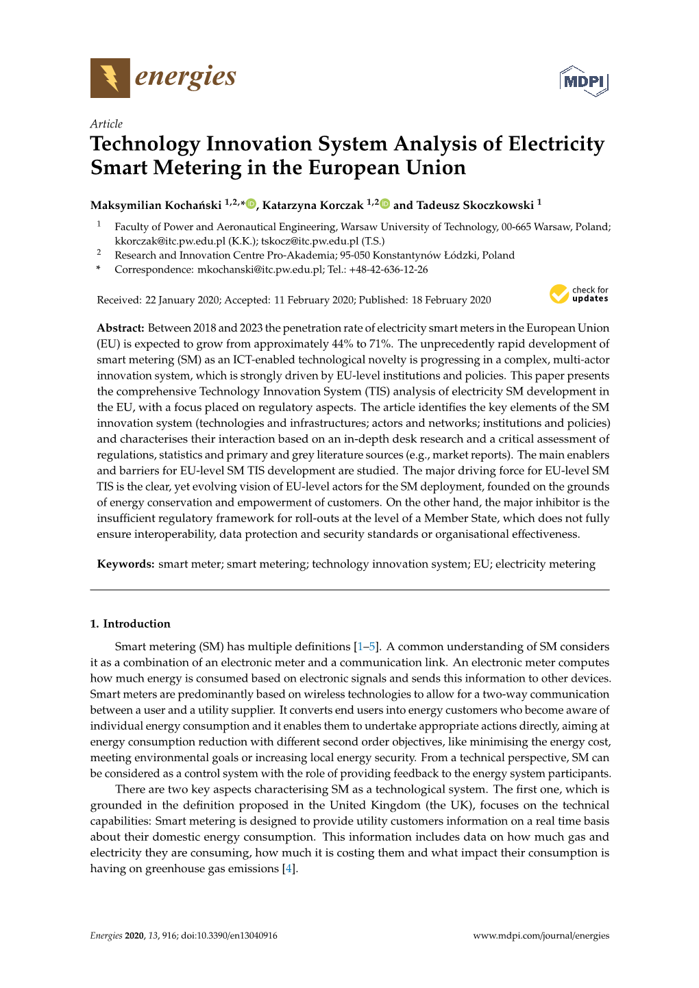 Technology Innovation System Analysis of Electricity Smart Metering in the European Union