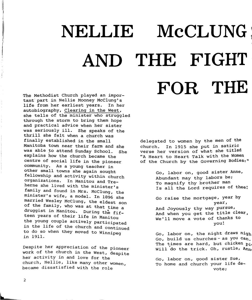 AND the FIGHT for the the Methodist Church Played an Impor Tant' Part in Nellie Mooney Mcclung's Life from Her Earliest Years