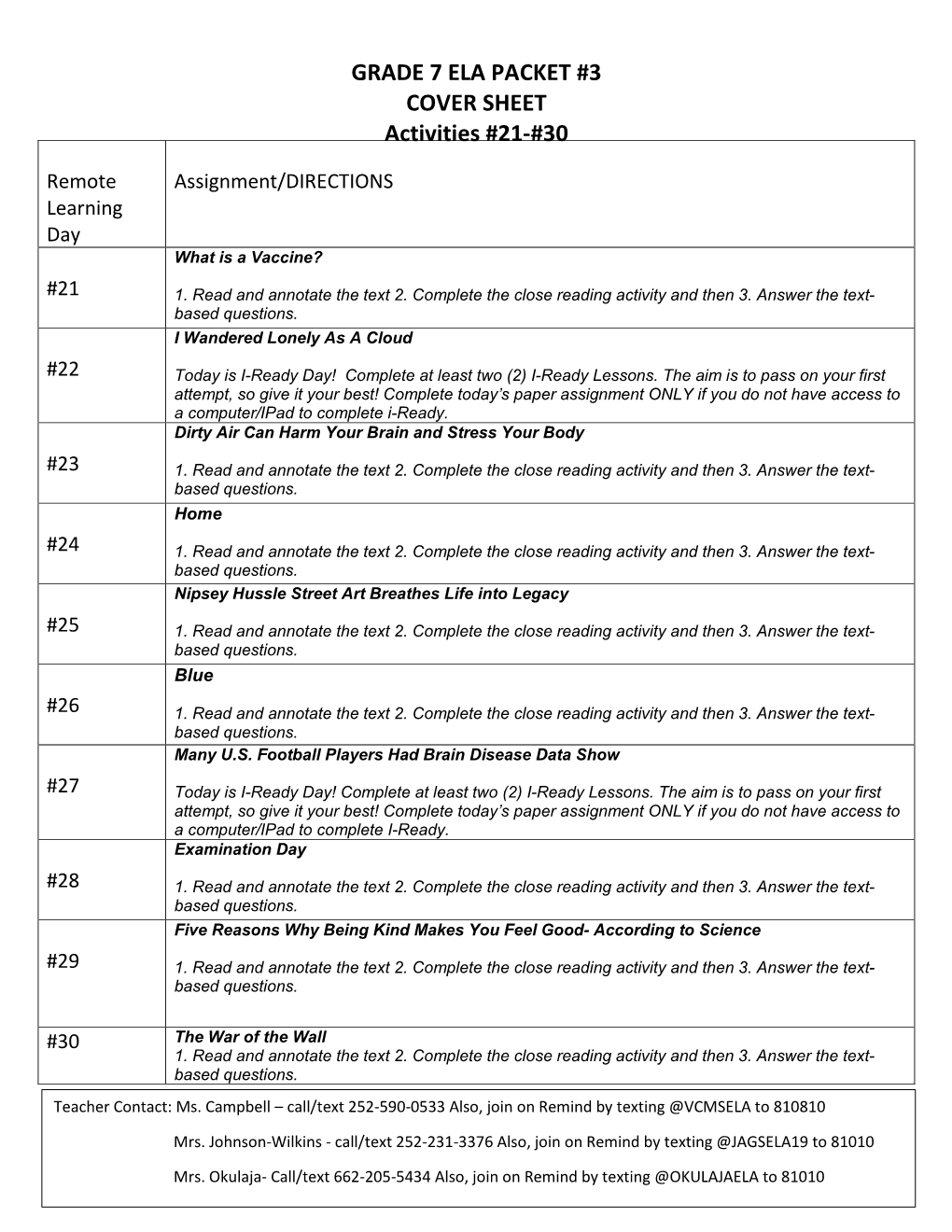 GRADE 7 ELA PACKET #3 COVER SHEET Activities #21-#30