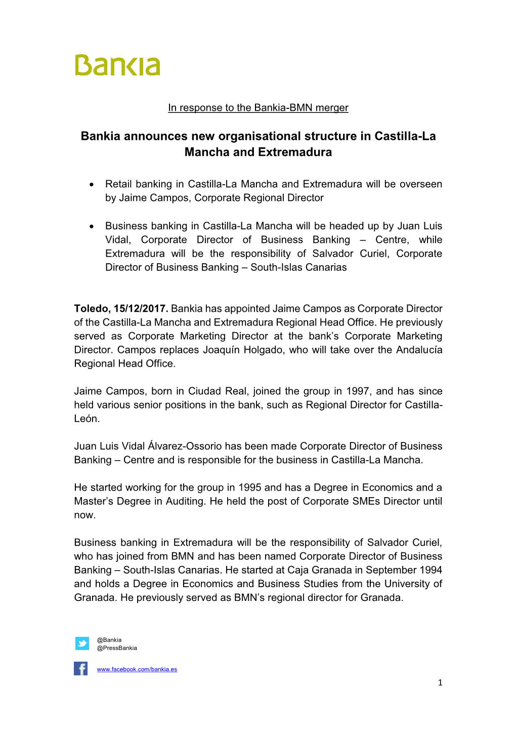 Bankia Announces New Organisational Structure in Castilla-La Mancha and Extremadura