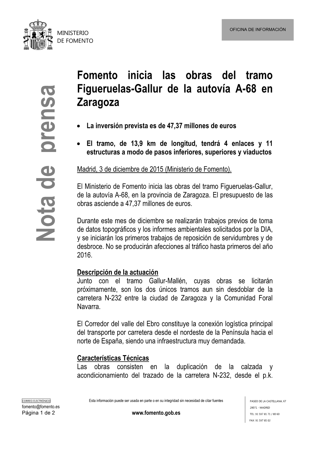 Fomento Inicia Las Obras Del Tramo Figueruelas-Gallur De La Autovía A-68 En Zaragoza