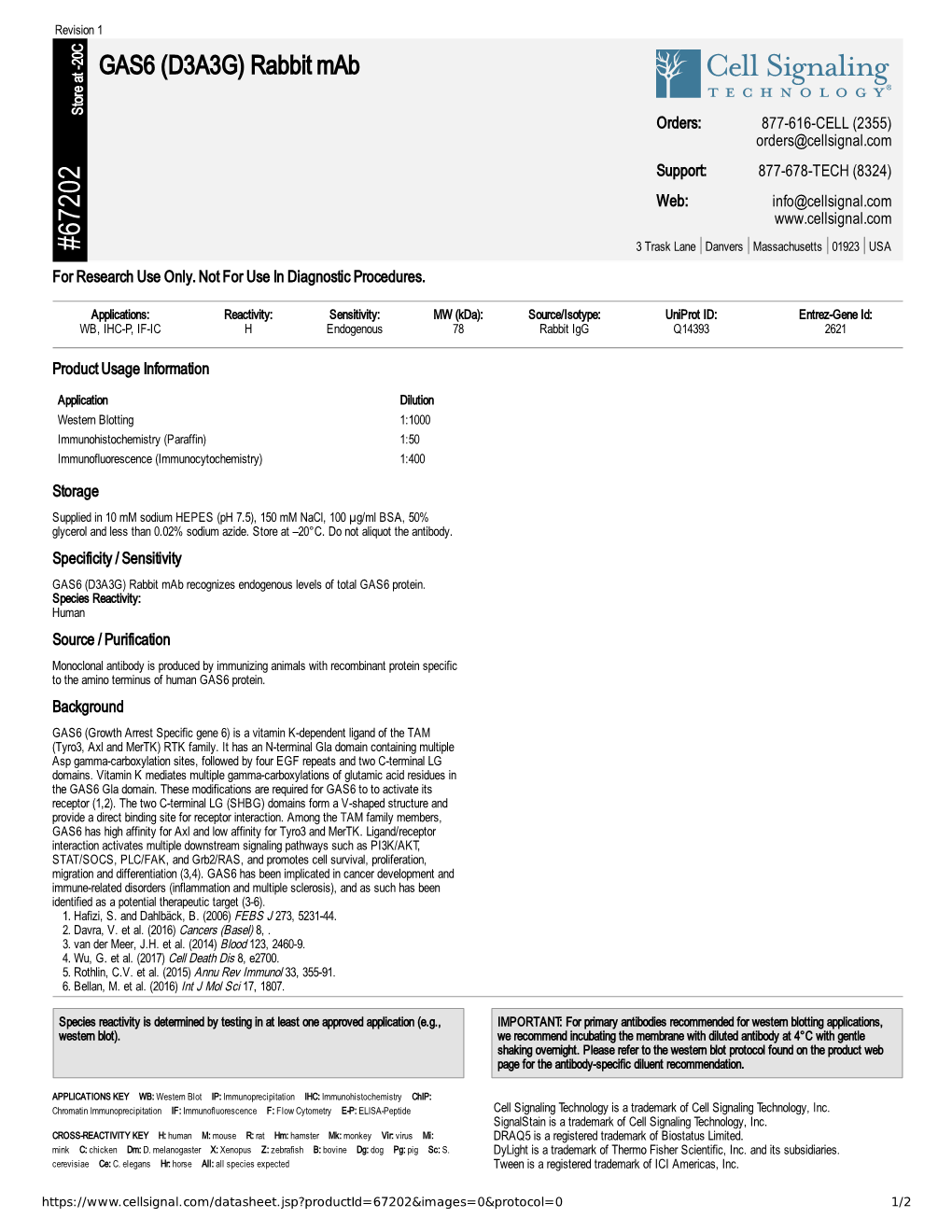 67202 GAS6 (D3A3G) Rabbit Mab