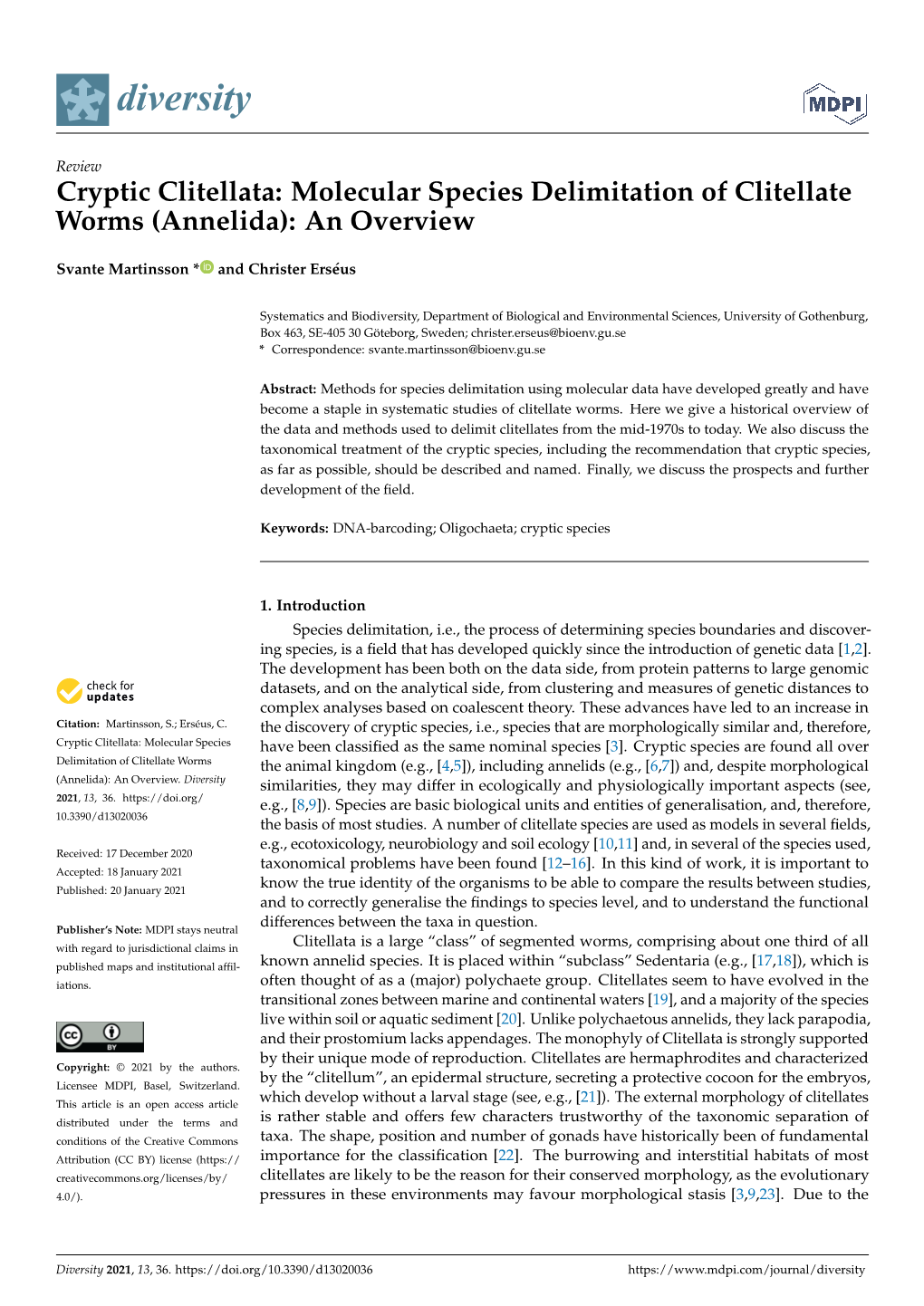 Cryptic Clitellata: Molecular Species Delimitation of Clitellate Worms (Annelida): an Overview