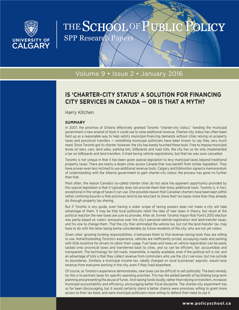 'Charter-City Status' a Solution for Financing City Services in Canada