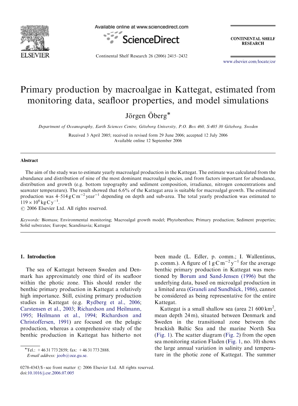 Primary Production by Macroalgae in Kattegat, Estimated from Monitoring Data, Seaﬂoor Properties, and Model Simulations