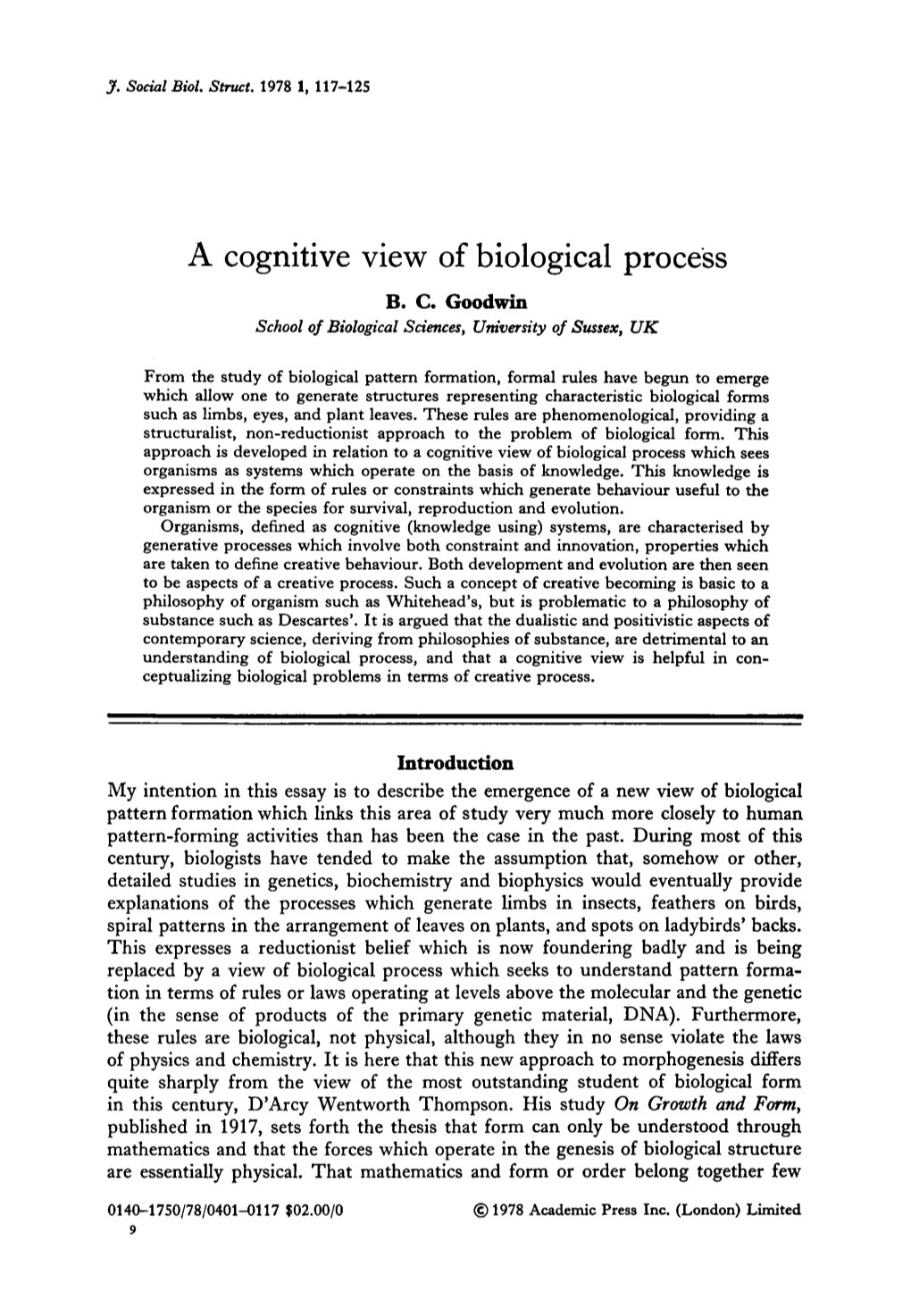 A Cognitive View of Biological Process