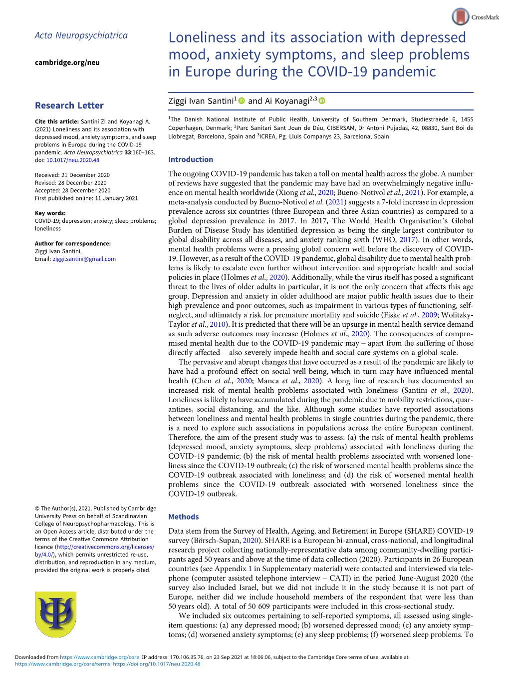 Loneliness and Its Association with Depressed Mood, Anxiety Symptoms