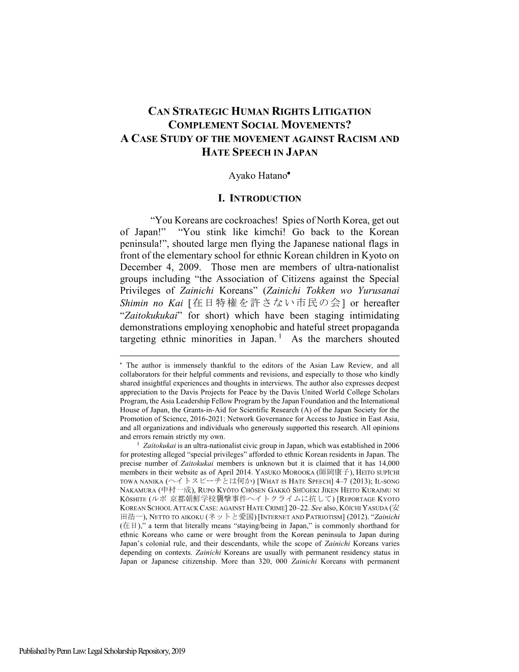 Can Strategic Human Rights Litigation Complement Social Movements? a Case Study of the Movement Against Racism and Hate Speech in Japan