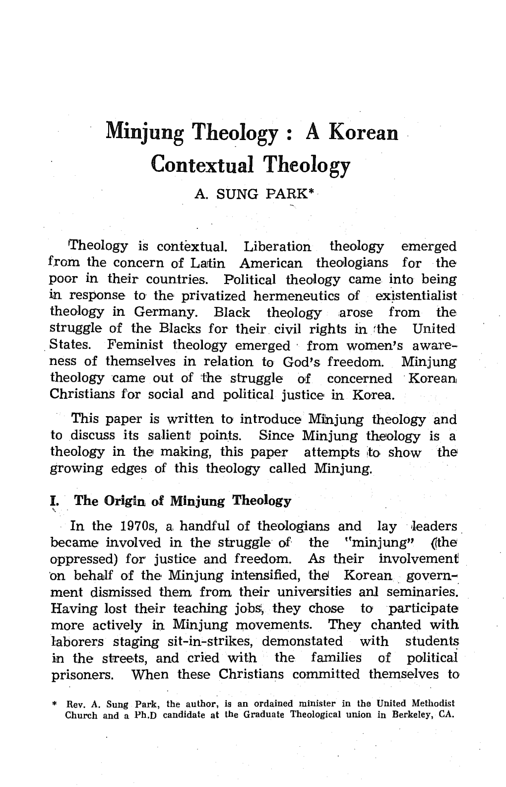 Minjung Theology : a Korean Contextual Theology a SUNG PARK*