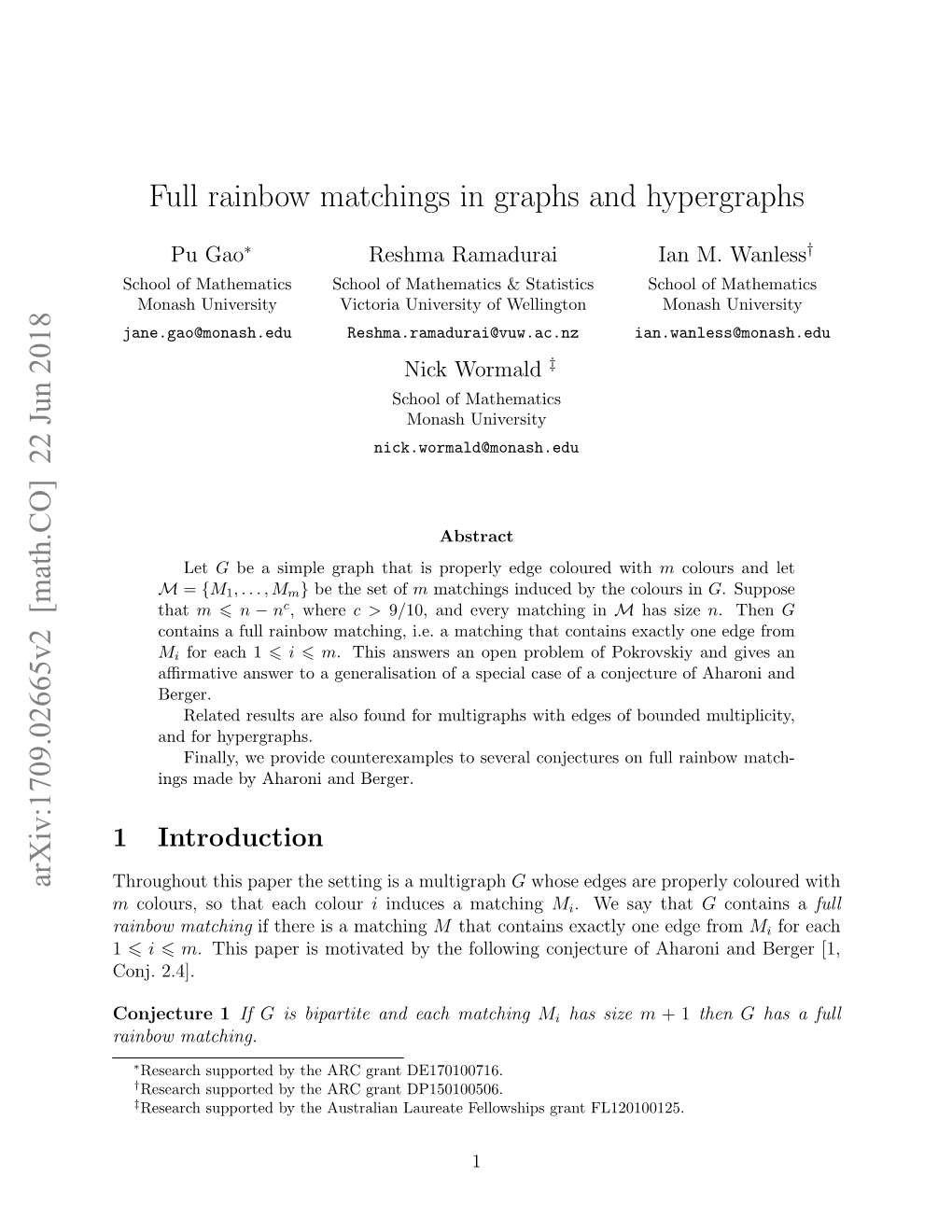 Full Rainbow Matchings in Graphs and Hypergraphs Arxiv:1709.02665V2