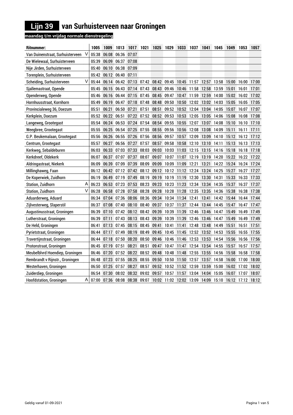 Lijn 39 Van Surhuisterveen Naar Groningen Maandag T/M Vrijdag Normale Dienstregeling
