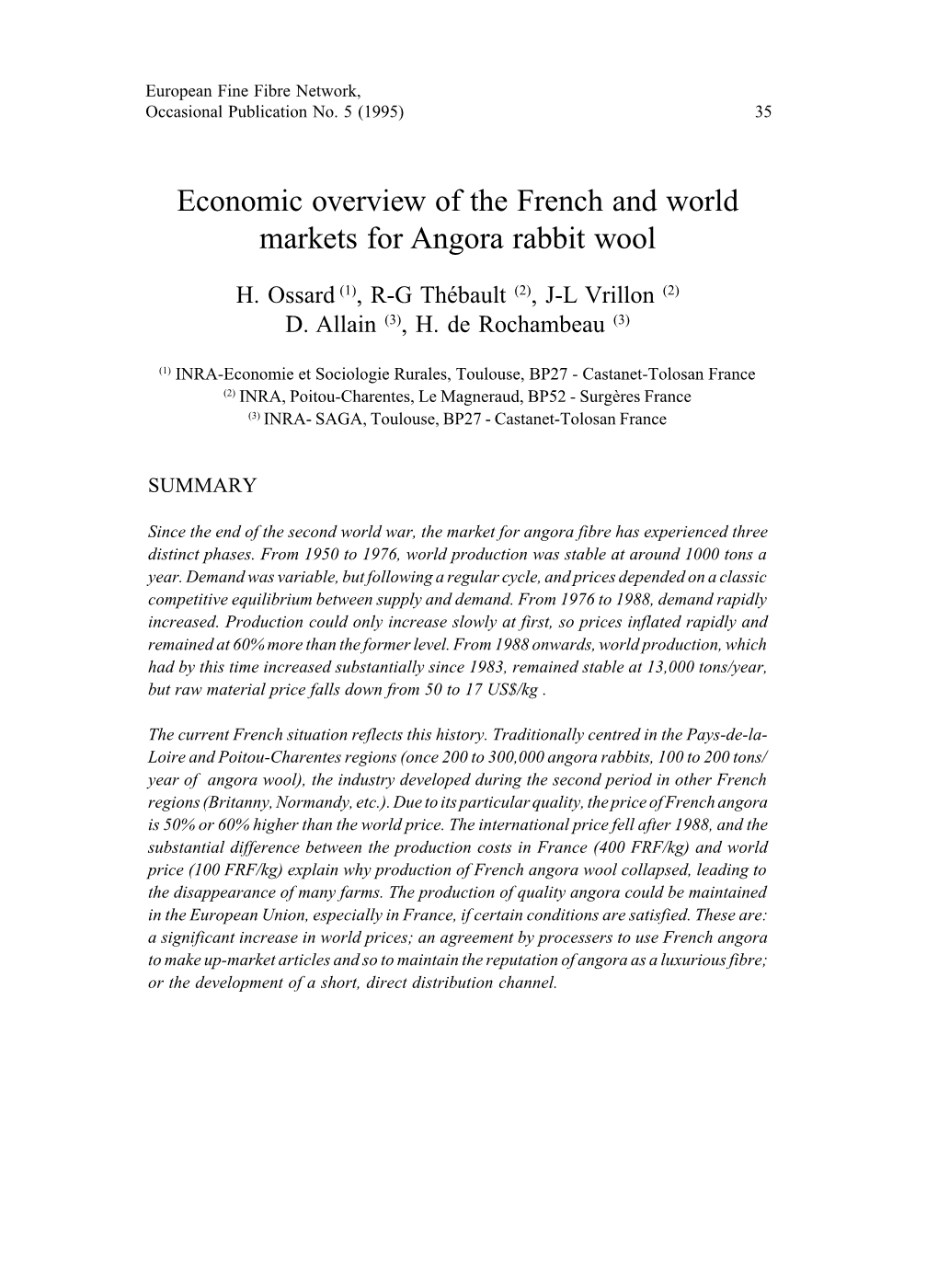 Economic Overview of the French and World Markets for Angora Rabbit Wool