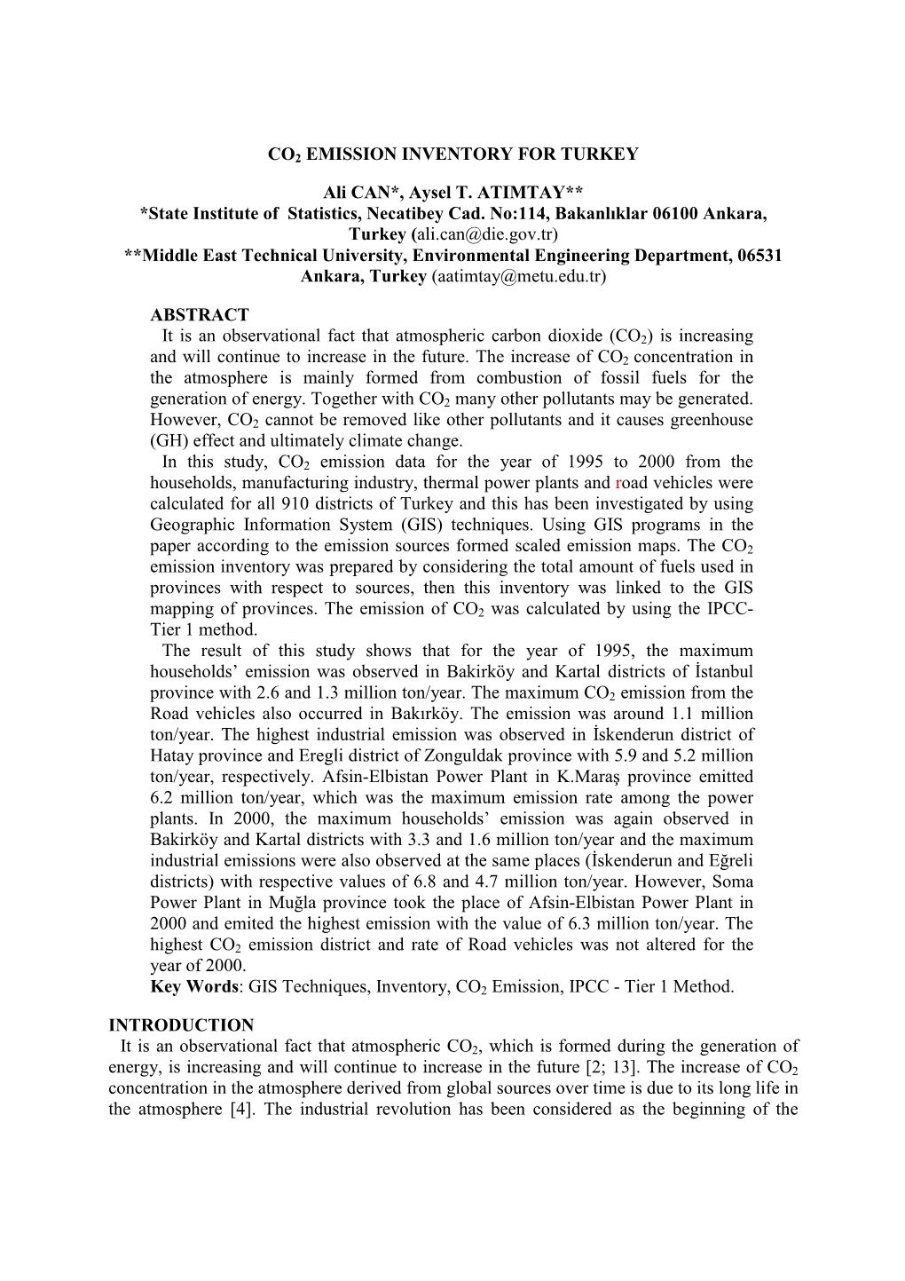 Co2 Emission Inventory for Turkey