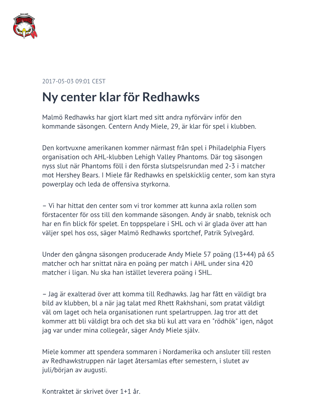 Ny Center Klar För Redhawks