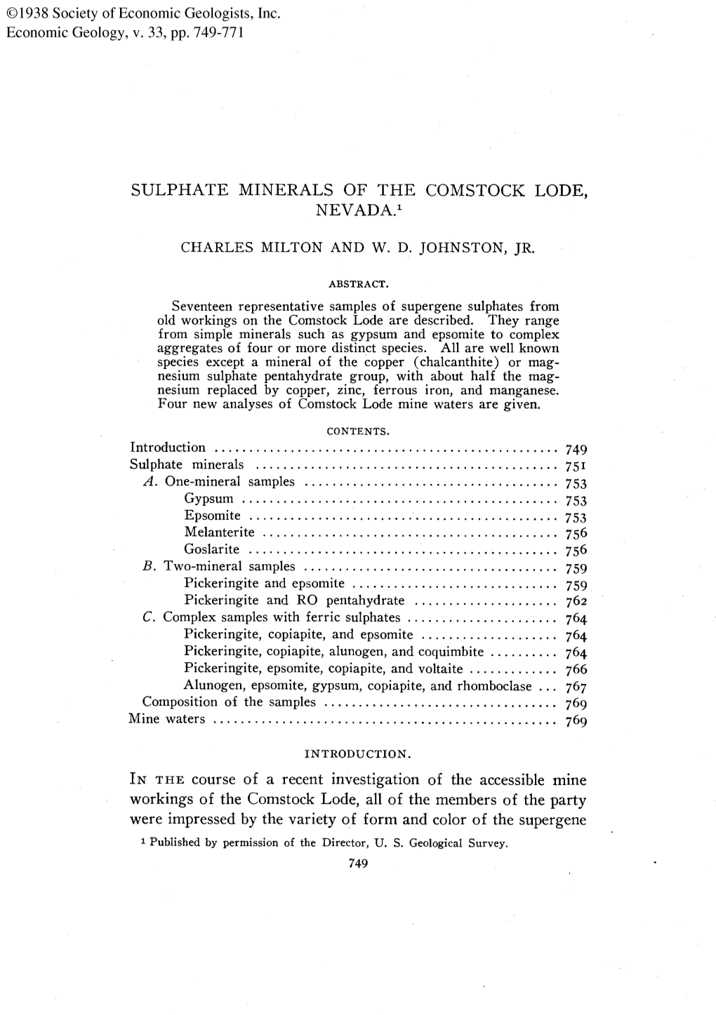 Sulphate Minerals of the Comstock Lode, Nevada