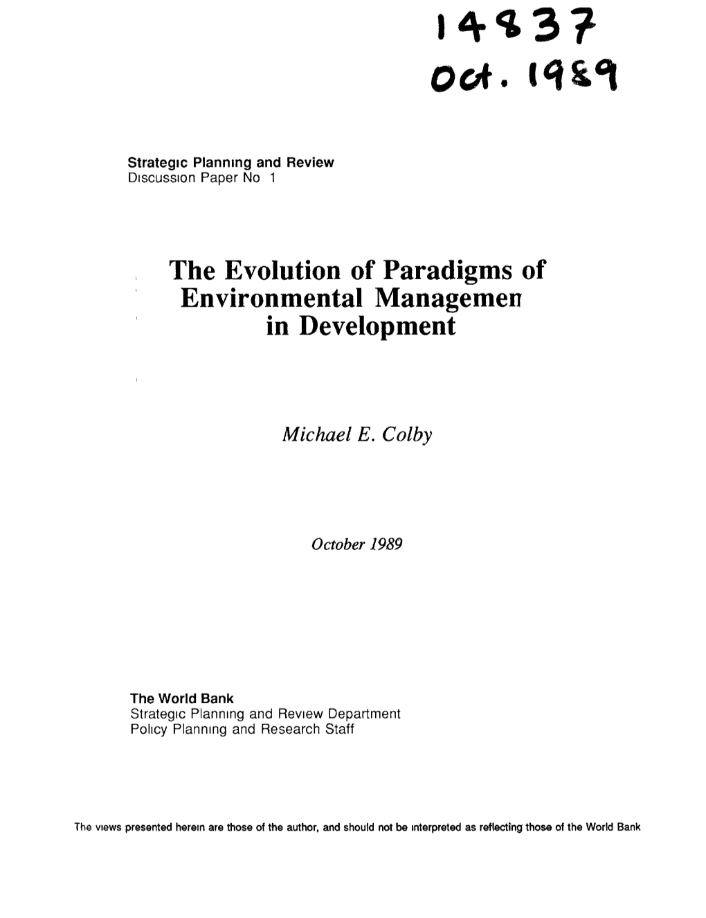 The Evolution of Paradigms of Environmental Managemen in Development