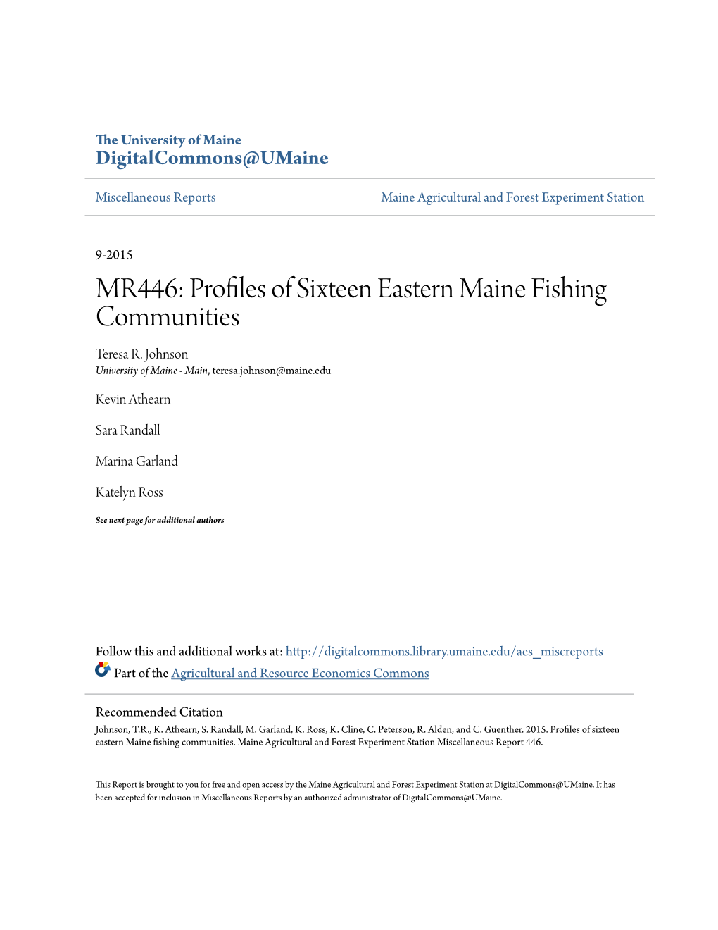 MR446: Profiles of Sixteen Eastern Maine Fishing Communities Teresa R