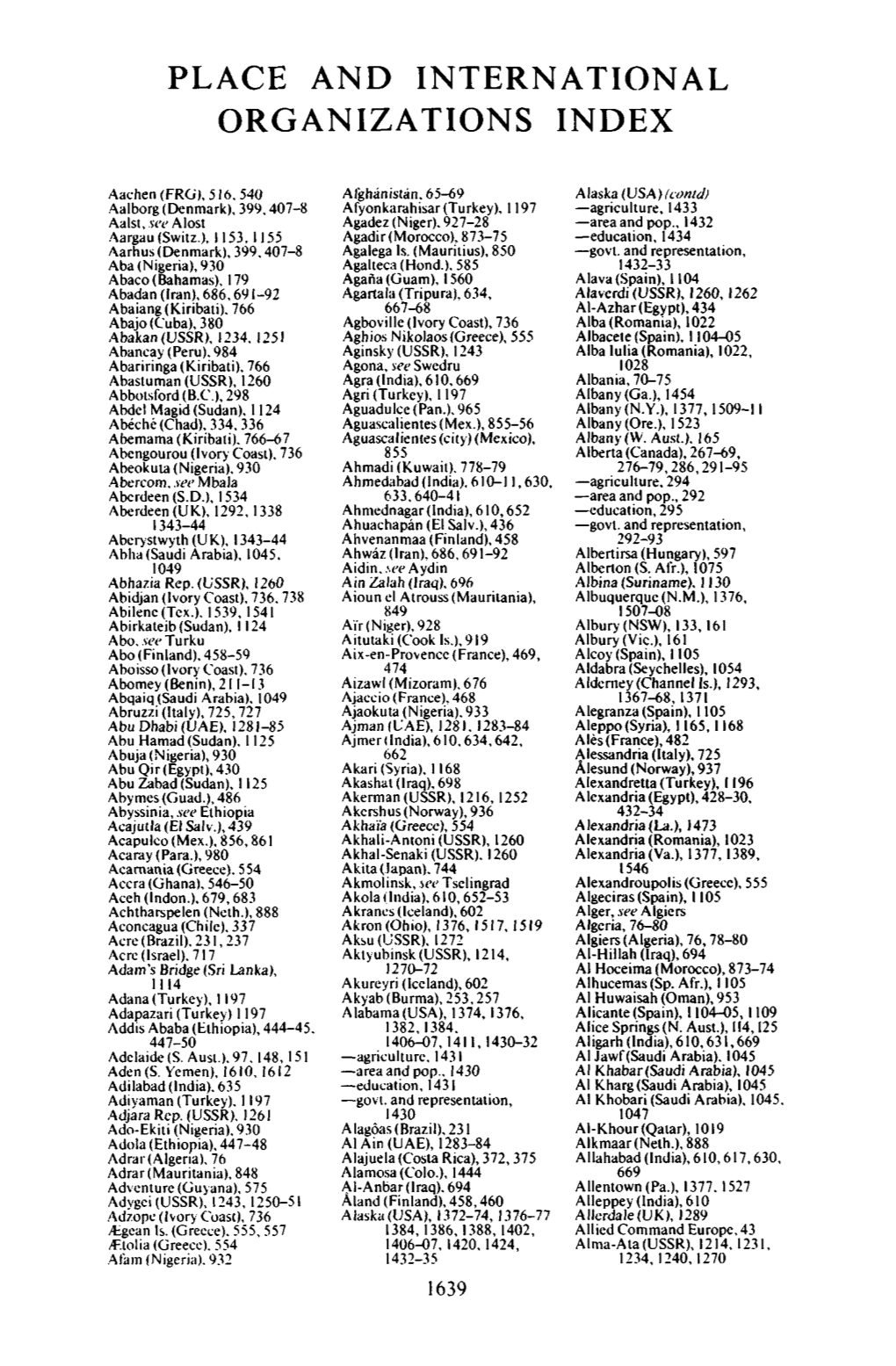 Place and International Organizations Index