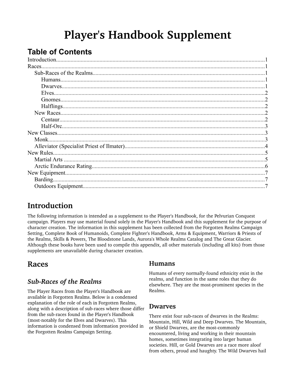 Player's Handbook Supplement Table of Contents Introduction