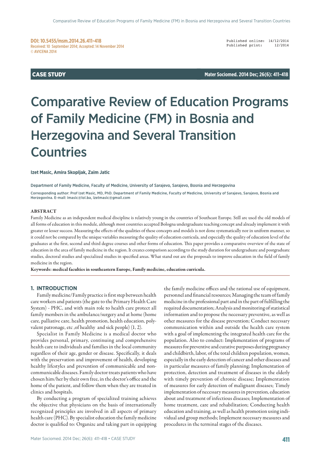 Comparative Review of Education Programs of Family Medicine (FM) in Bosnia and Herzegovina and Several Transition Countries