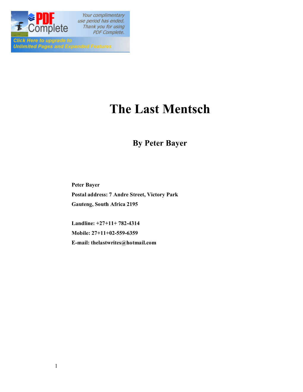 The Last Mentsch by Peter Bayer