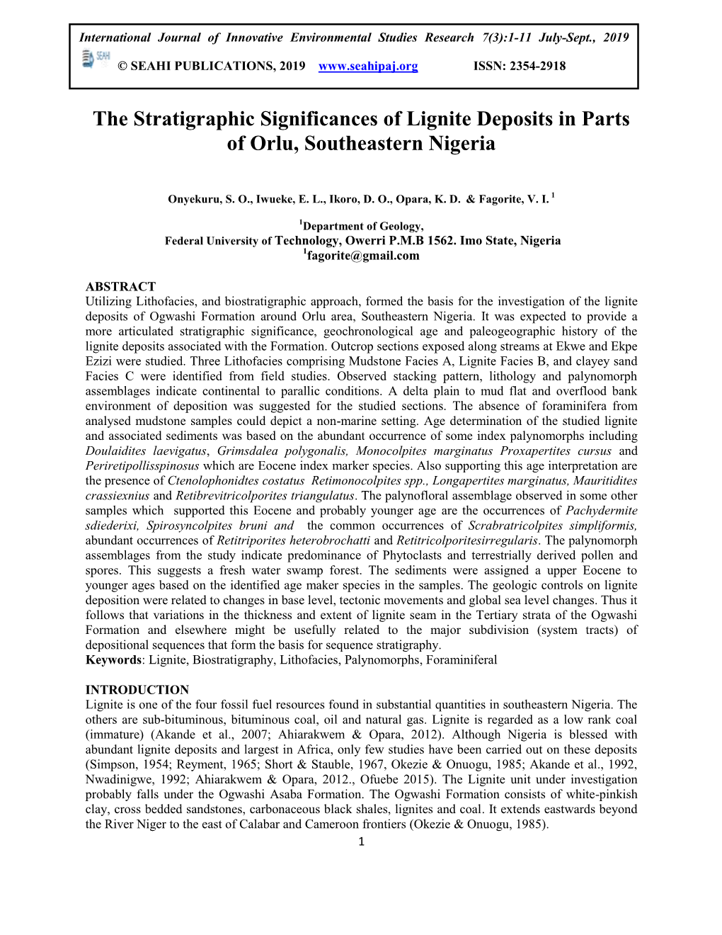 The Stratigraphic Significances of Lignite Deposits in Parts of Orlu, Southeastern Nigeria