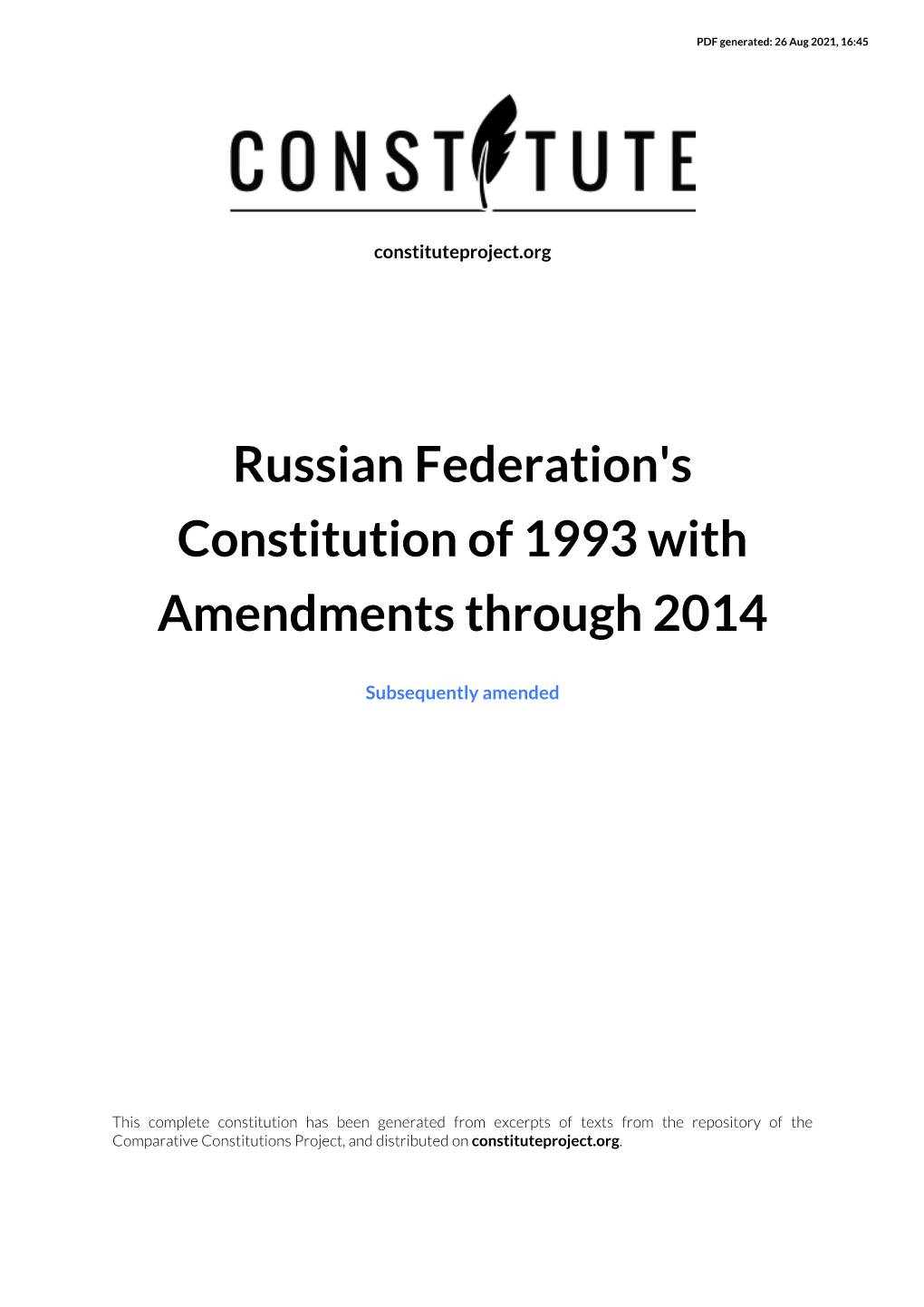 Russian Federation's Constitution of 1993 with Amendments Through 2014