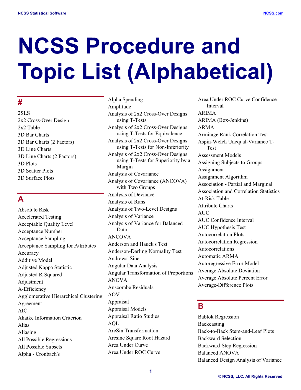 NCSS Procedure and Topic List (Alphabetical)