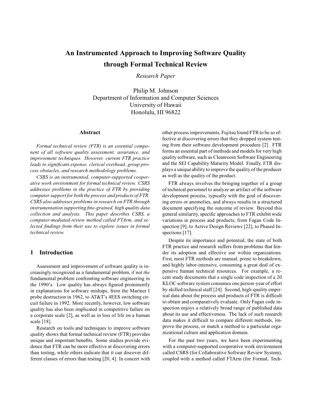 An Instrumented Approach to Improving Software Quality Through Formal Technical Review Research Paper