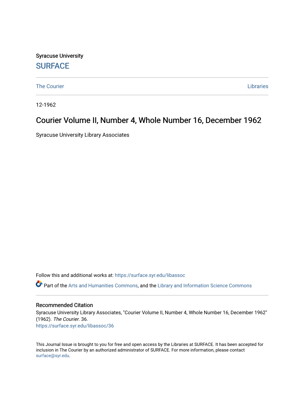 Courier Volume II, Number 4, Whole Number 16, December 1962