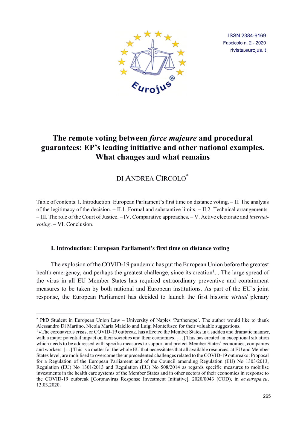The Remote Voting Between Force Majeure and Procedural Guarantees: EP’S Leading Initiative and Other National Examples