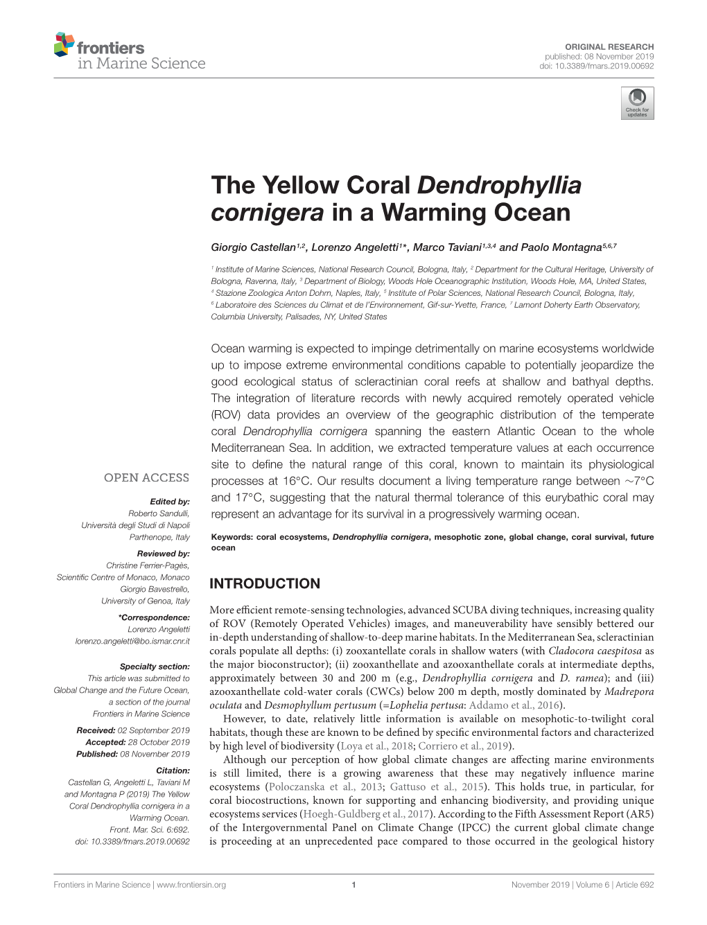 The Yellow Coral Dendrophyllia Cornigera in a Warming Ocean