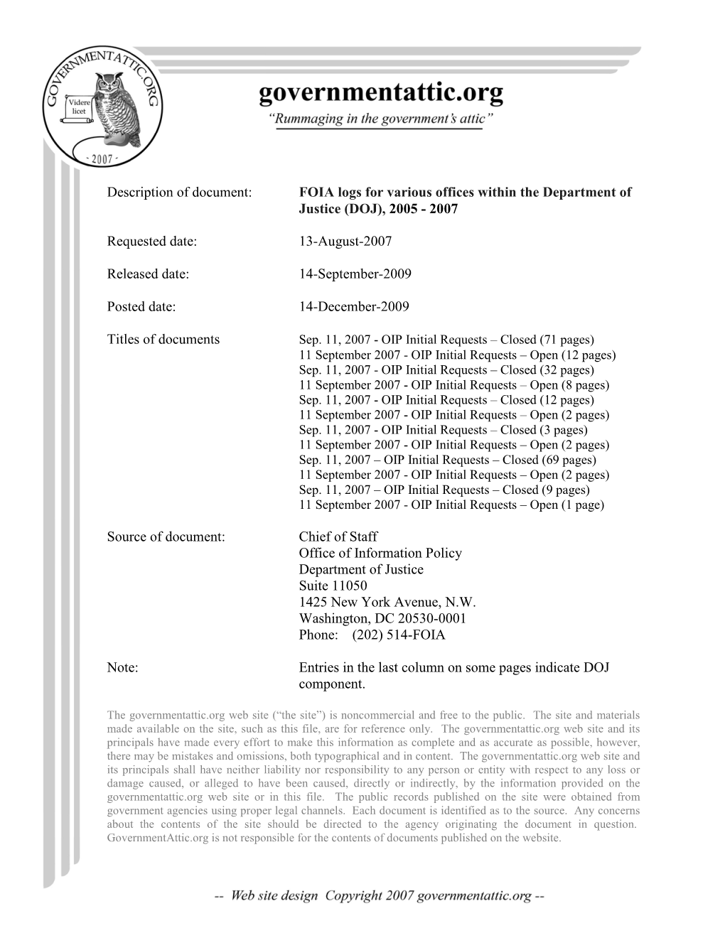 FOIA Logs for Various Offices Within the Department of Justice, 2005