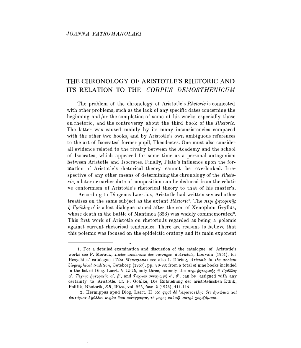 Τηε Chronology of Aristotle's Rhetoric and Its Relation Το Τηε Corpus Demosthenicum