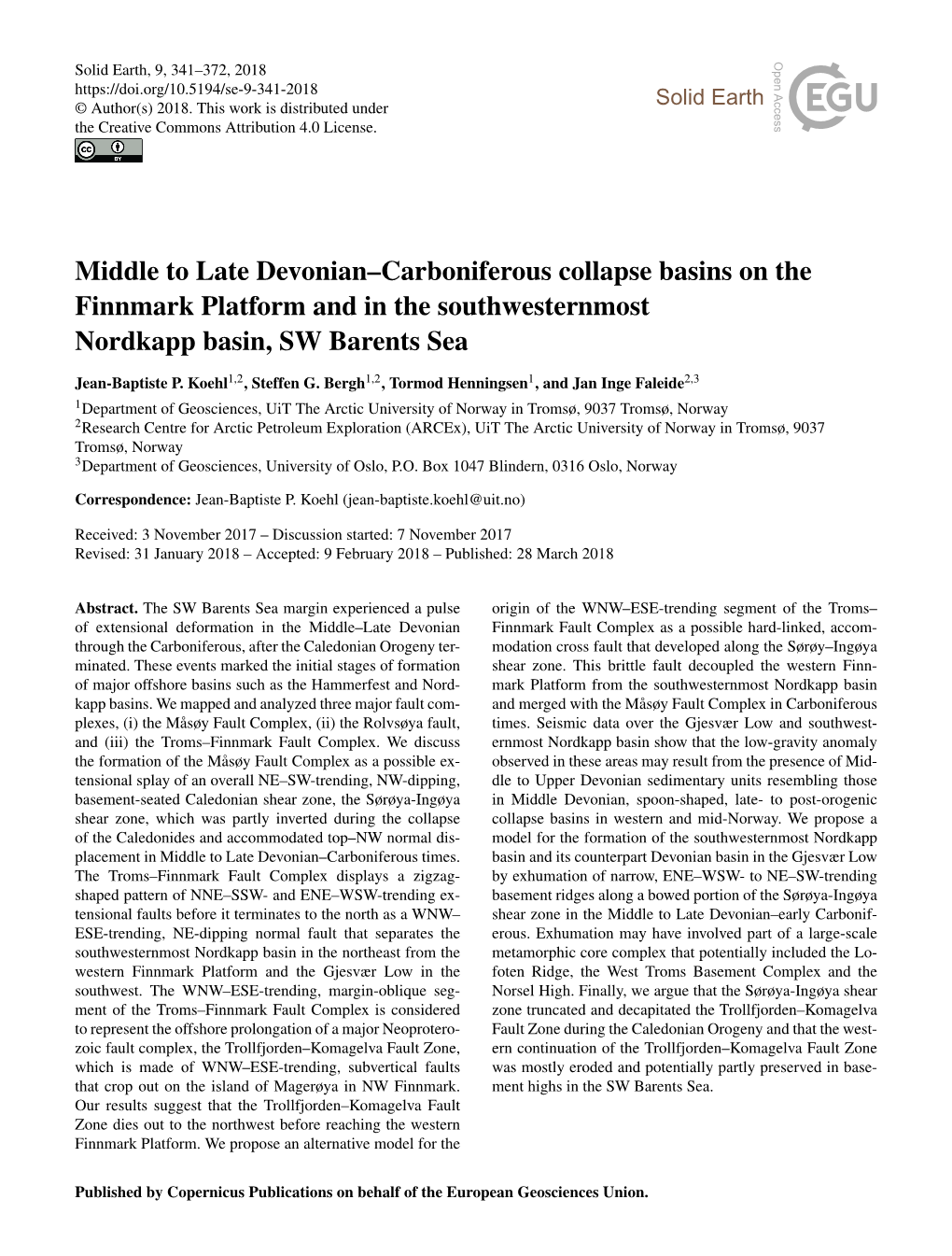 Middle to Late Devonian–Carboniferous Collapse Basins on the Finnmark Platform and in the Southwesternmost Nordkapp Basin, SW Barents Sea