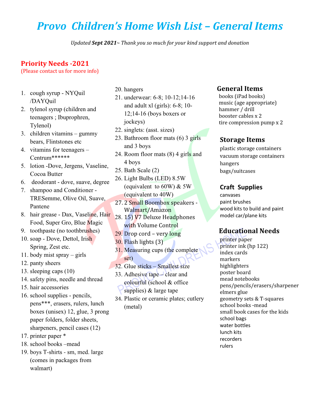 Provo Children's Home Wish List – General Items