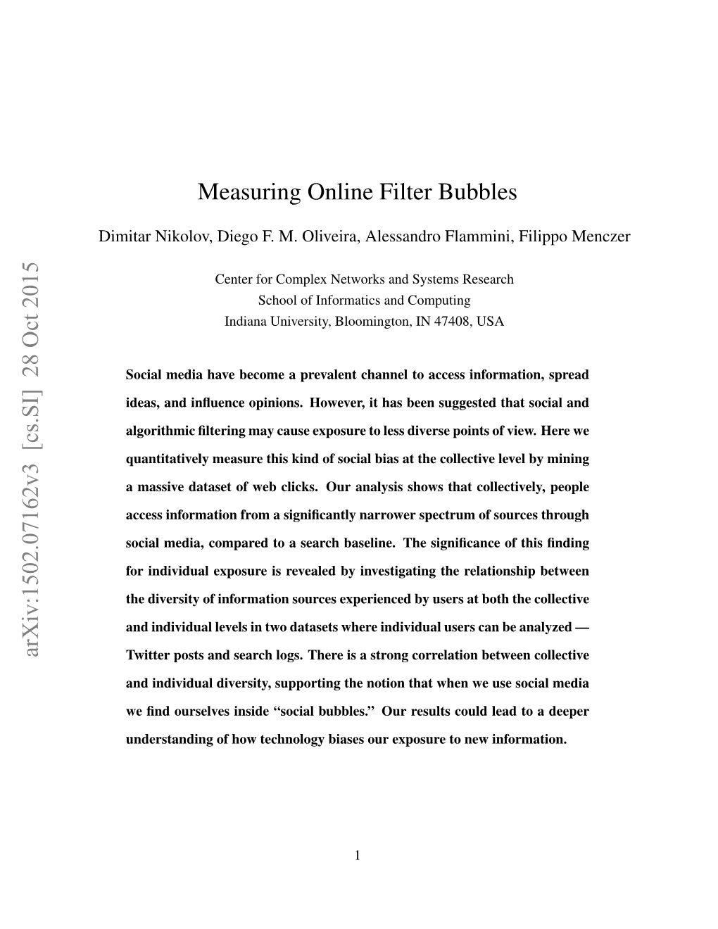 Measuring Online Filter Bubbles Arxiv:1502.07162V3 [Cs.SI]