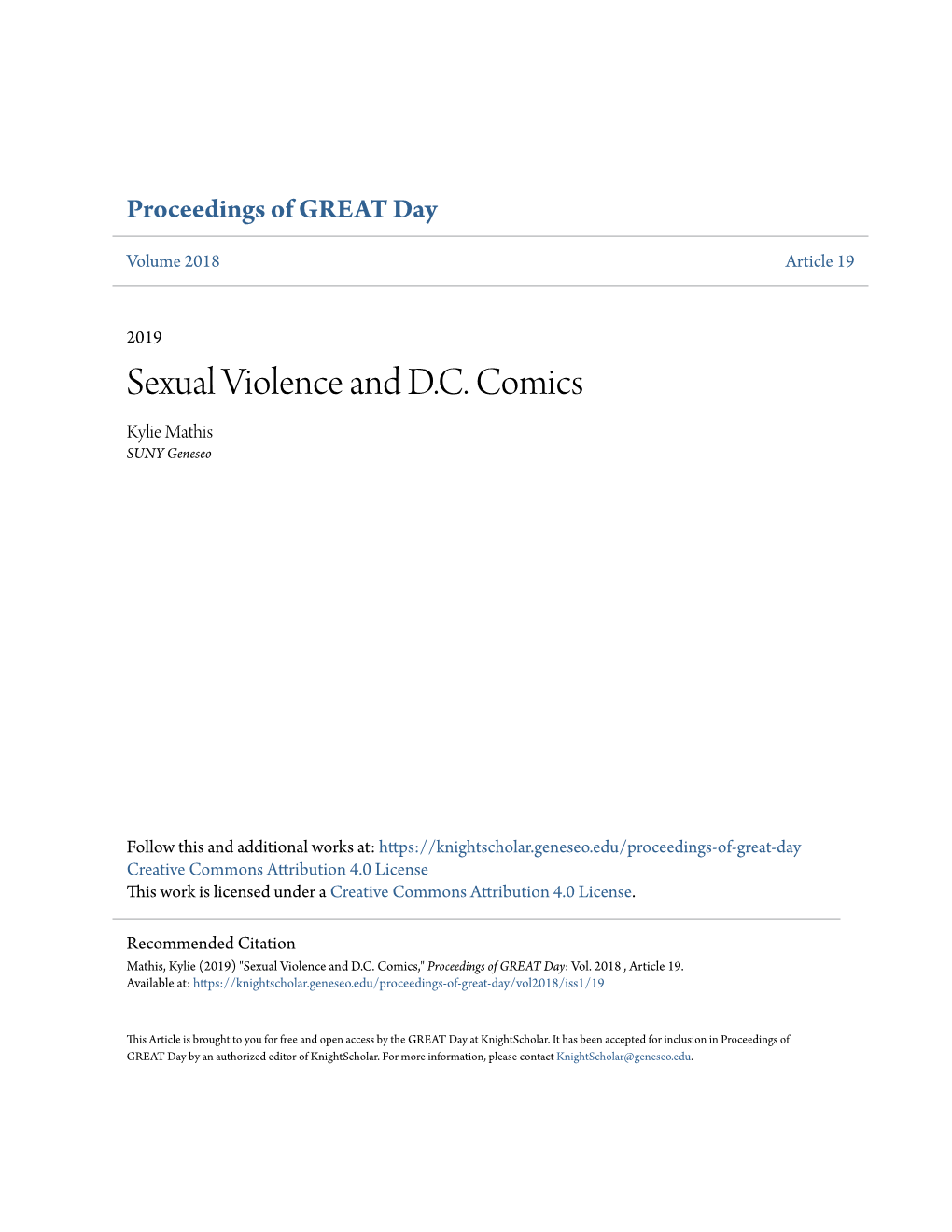 Sexual Violence and D.C. Comics Kylie Mathis SUNY Geneseo