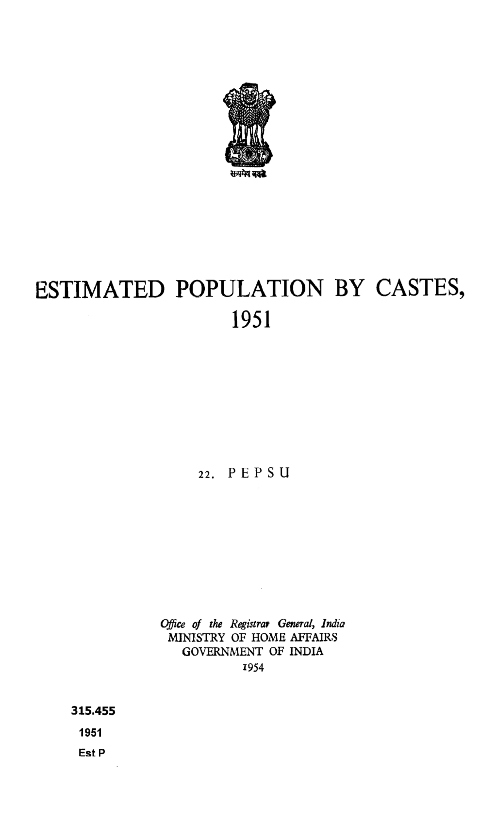 Estimated Population by Castes, 22. Pepsu