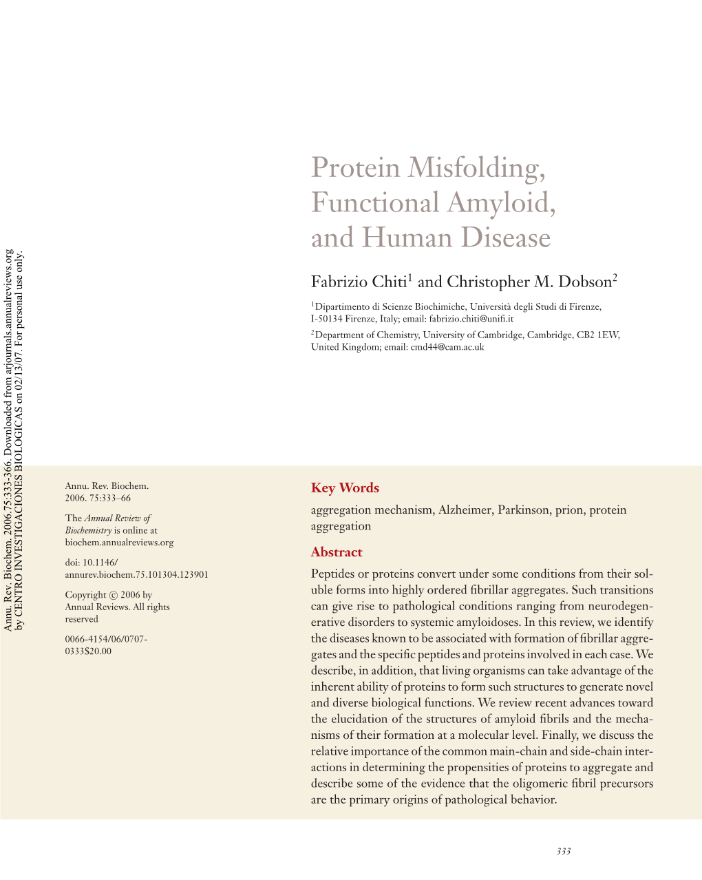 Protein Misfolding, Functional Amyloid, and Human Disease