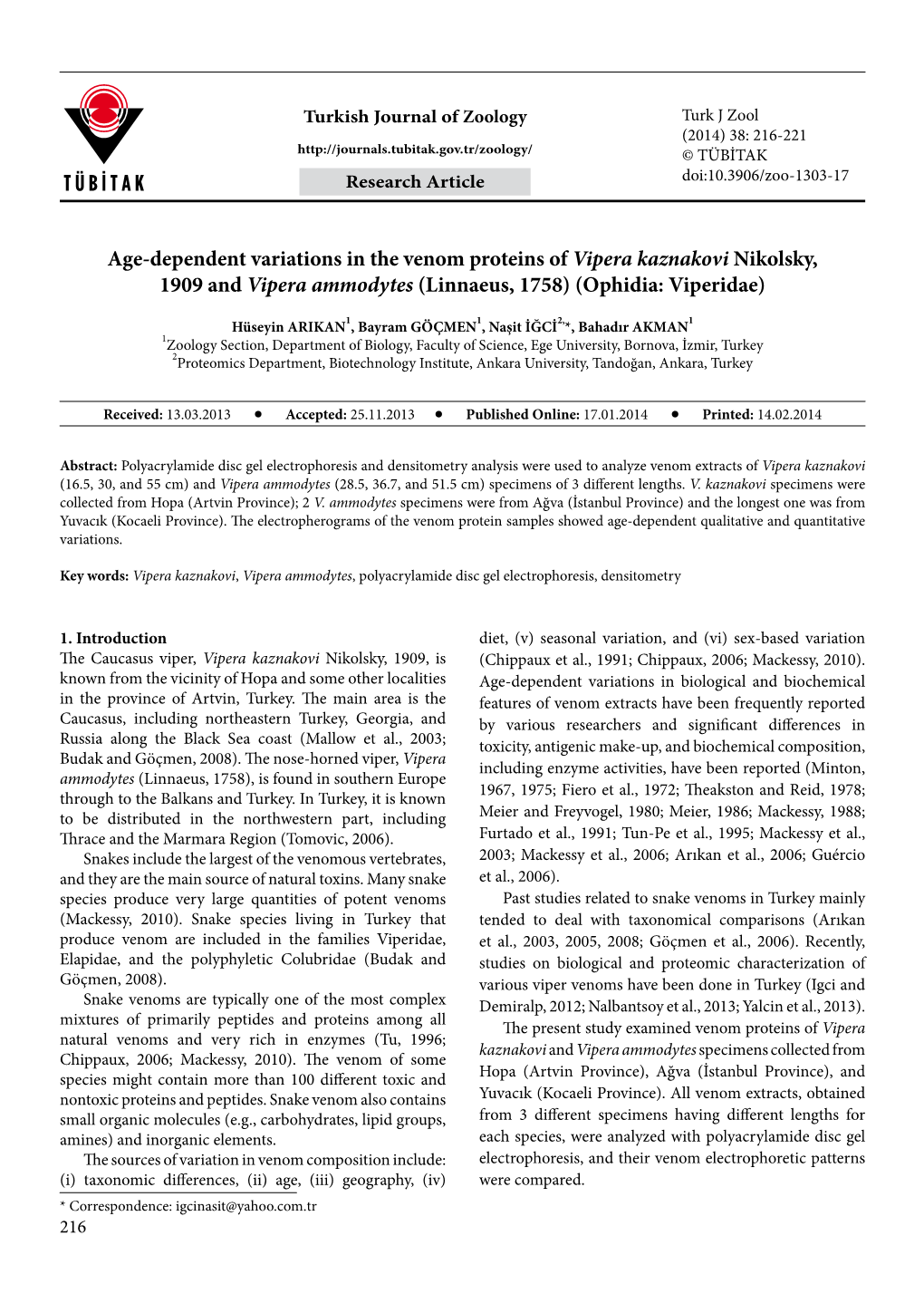Age-Dependent Variations in the Venom Proteins of Vipera Kaznakovi Nikolsky, 1909 and Vipera Ammodytes (Linnaeus, 1758) (Ophidia: Viperidae)