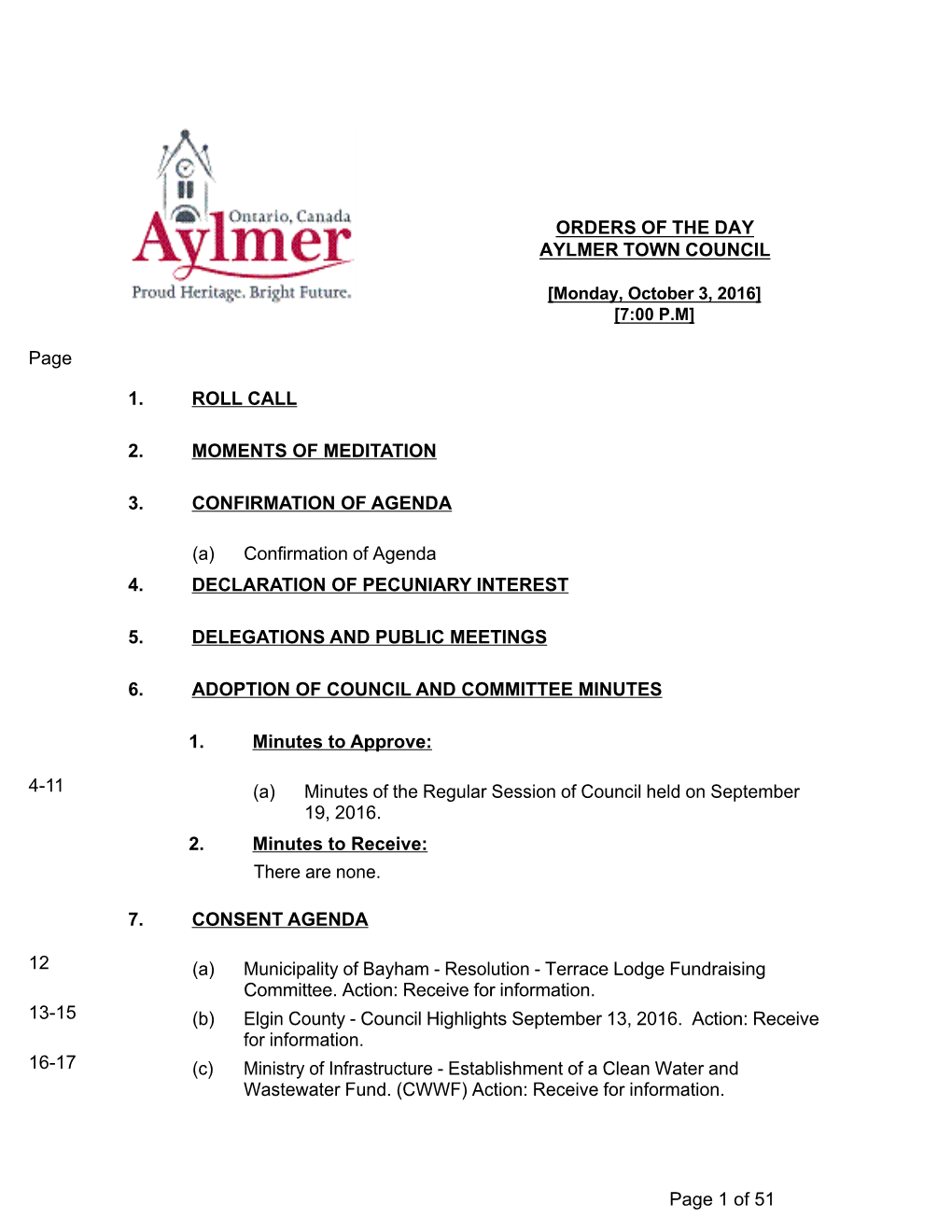 ORDERS of the DAY AYLMER TOWN COUNCIL Page 1. ROLL