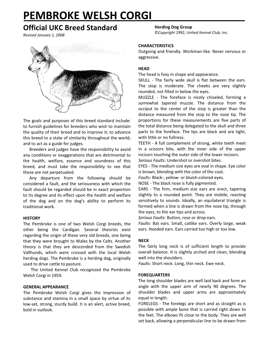 PEMBROKE WELSH CORGI Official UKC Breed Standard Herding Dog Group ©Copyright 1992, United Kennel Club, Inc