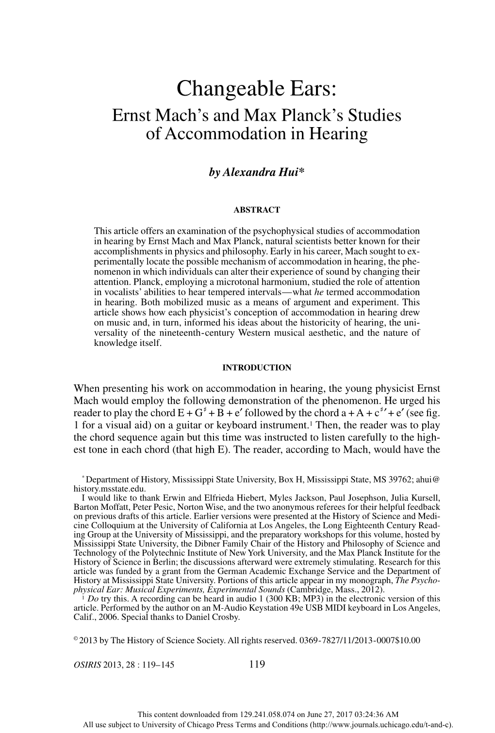 Changeable Ears: Ernst Mach’S and Max Planck’S Studies of Accommodation in Hearing