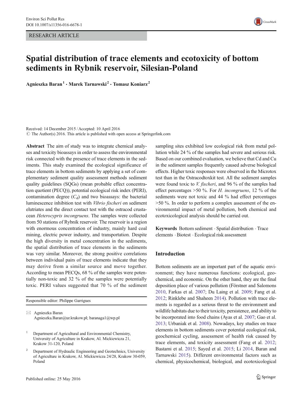 Spatial Distribution of Trace Elements and Ecotoxicity of Bottom Sediments in Rybnik Reservoir, Silesian-Poland