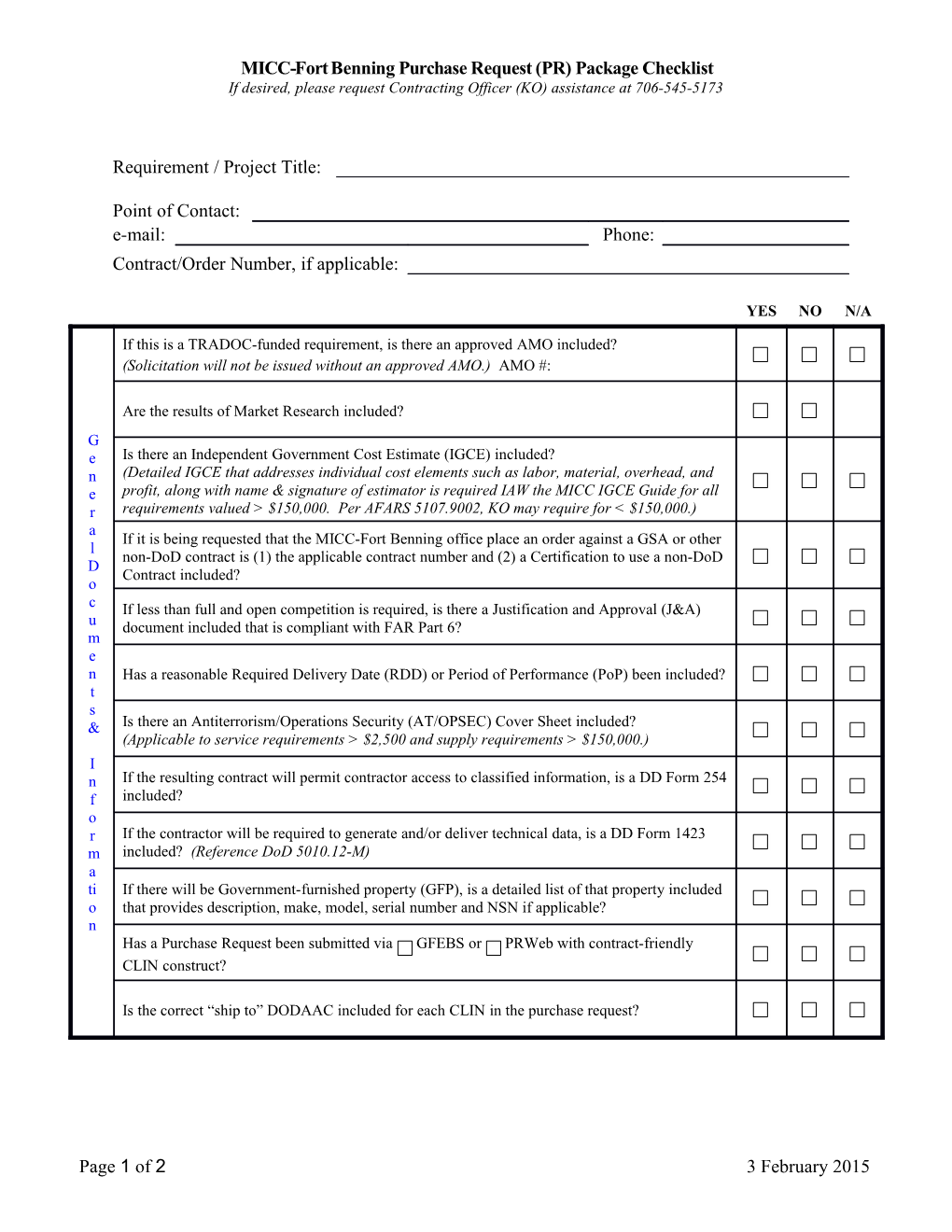 MICC-Fort Benning Purchase Request (PR) Package Checklist