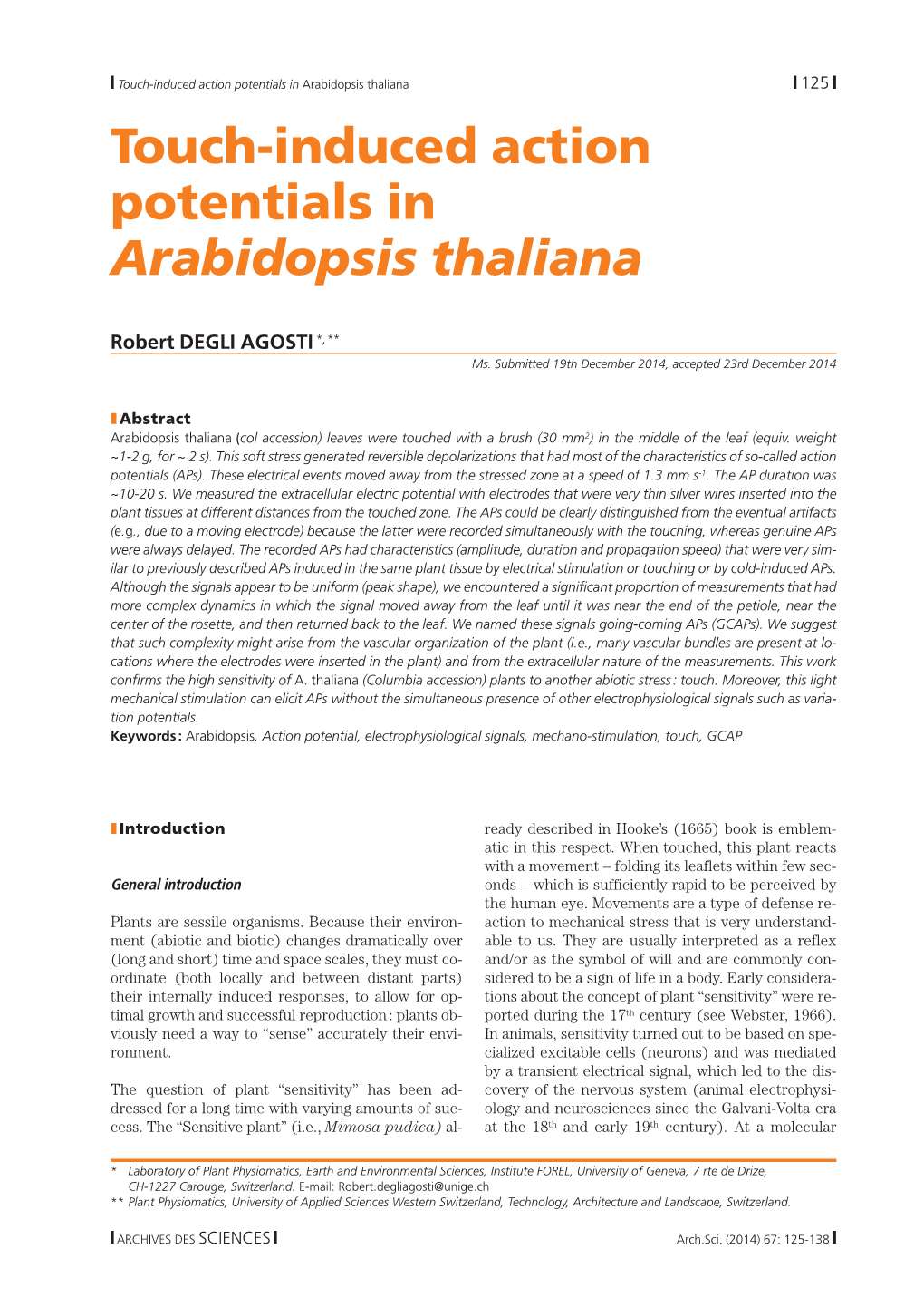 Touch-Induced Action Potentials in Arabidopsis Thaliana | 125 | Touch-Induced Action Potentials in Arabidopsis Thaliana