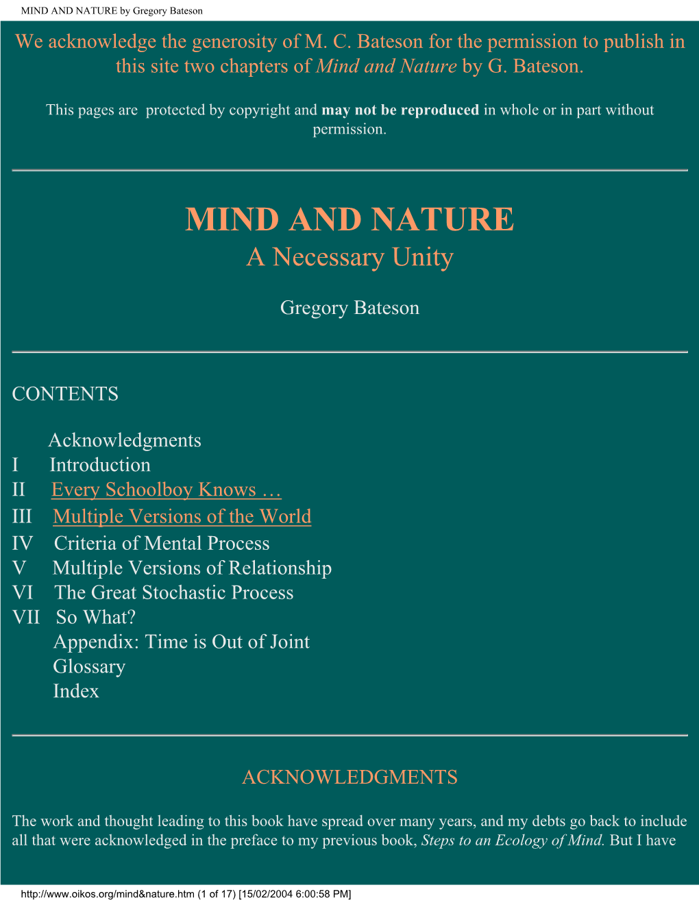 MIND and NATURE by Gregory Bateson We Acknowledge the Generosity of M
